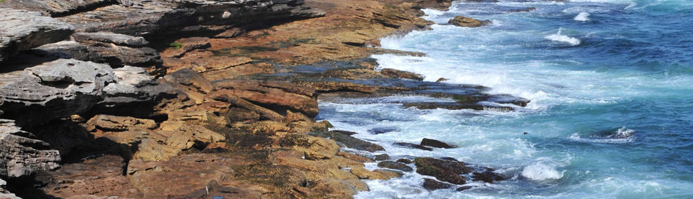 Rocky coastline with waves crashing against the shore